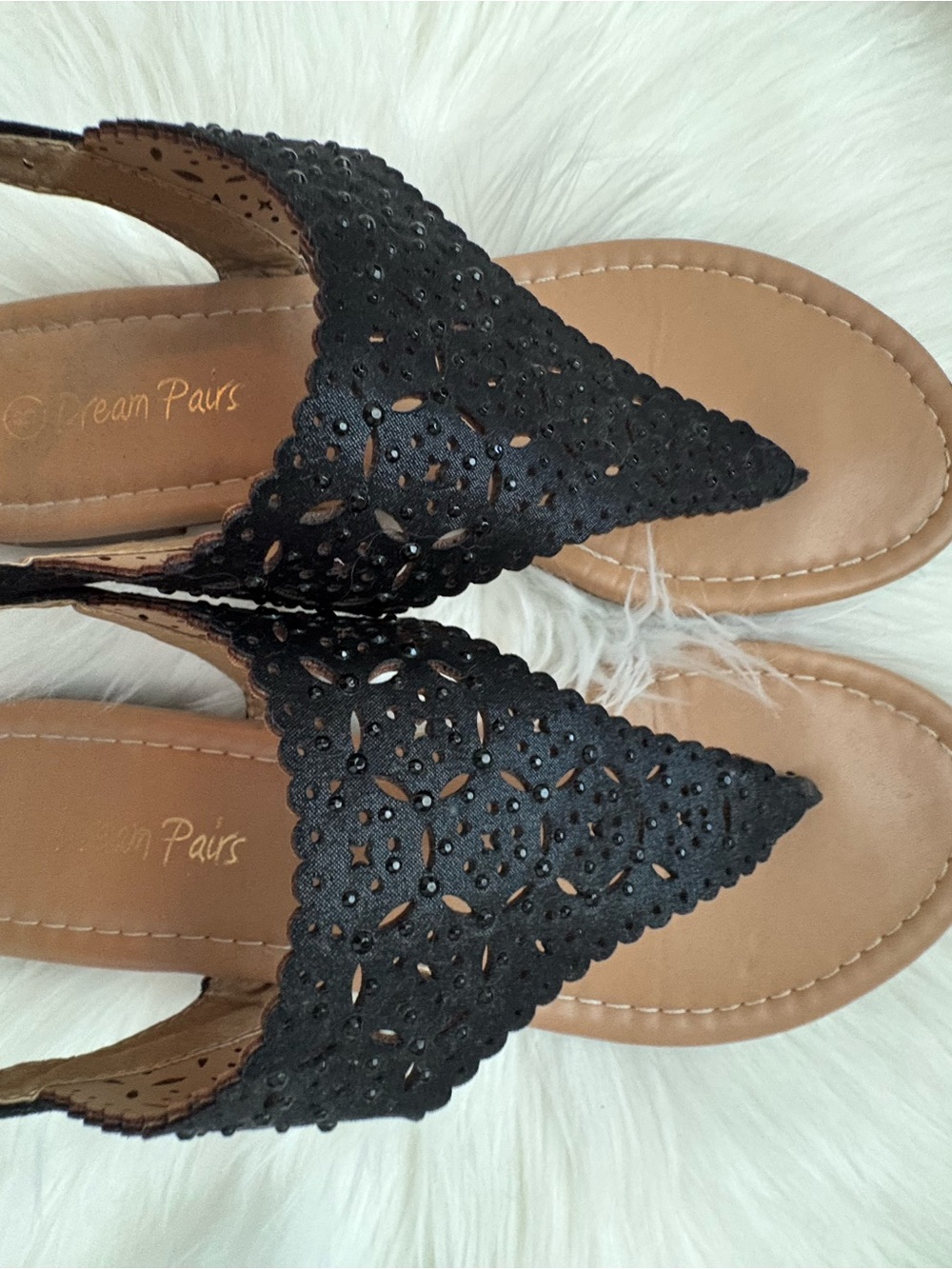 Dream Pairs Black Laser-Cut Sandals with Tan Footbed